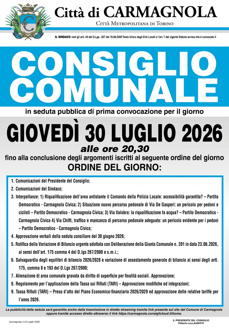 Consiglio Comunale di gioved� 30 Luglio 2026 alle ore 20.30